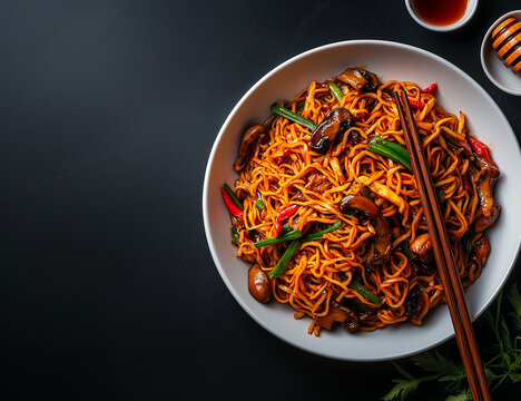 Delicious Chinese noodles with mushrooms, vegetables, and vibrant colors create mouthwatering dish. Perfect for satisfying meal or sharing with friends
