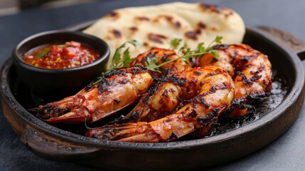 A sizzling plate of tandoori prawns, with charred edges and a rich red marinade, served with a side of naan and spicy chutney