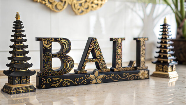 Bali handcrafted wooden sign with intricate golden floral patterns and traditional pagoda sculptures