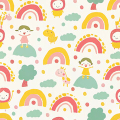 Seamless pattern with rainbows, girls, animals, and clouds on a white background.