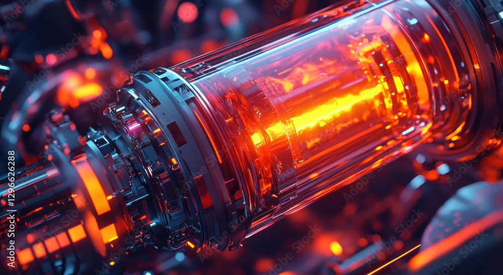 Poster A detailed depiction of an advanced energy core radiating intense red and orange light, surrounded by metallic structures in a high-tech setting. The vibrant colors highlight modern engineering