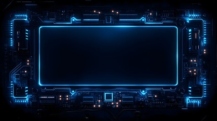 A luminous blue electronic circuit board frame with a screen