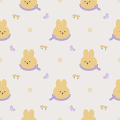 Face rabbit cartoon so cute. On flower bow polka dot background. Pattern seamless vector illustration. 