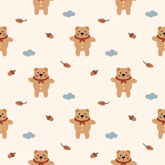 Bear and scarf cartoon so cute. On leaf cloud acorn background. Pattern seamless vector illustration. 