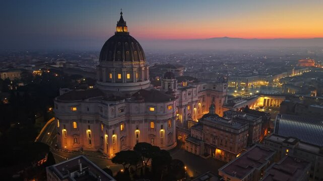 Aerial morning shot of St. Peter's Basilica in Vatican, Rome. San Pietro Basilica at sunrise with city lights in Rome, Italy. Red sunrise sky at background
