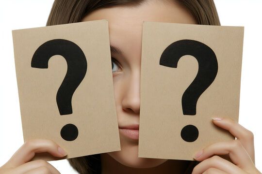 Young beautiful woman with question marks curious face emotion isolated on white background.