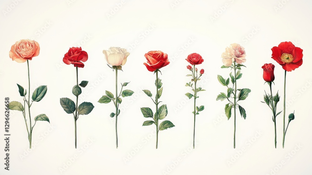 Poster beautiful collection of fresh roses and blooms in various colors arranged in a vertical line display