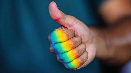 A hand displaying a rainbow-colored thumb and fingers reflects the spirit of acceptance and pride. The background shows a blur of colors enhancing the festive atmosphere