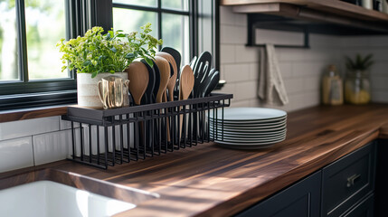  Warfare black stainless steel kitchen utensils, modular sink drip rack, placed on a walnut kitchen countertop with space underneath for simple plates and utensils, adjacent to an open modern home 