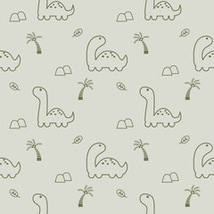 Dinosaur line cartoon so cute. On tree leaf background. Pattern seamless vector illustration. 