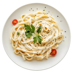 Plate of fettuccine Alfredo with creamy sauce, black pepper garnish, isolated on transparent background