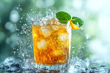 Refreshing iced tea with lemon and mint in a glass, splashing with ice cubes against a green blurred background, creating a cool and invigorating summer drink concept