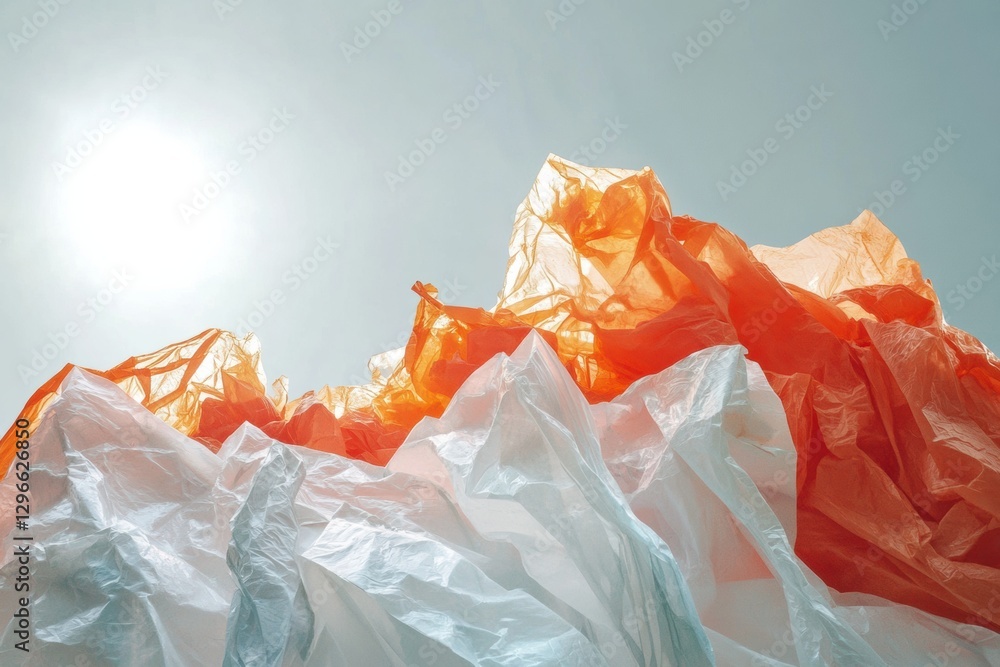 Poster mountain of colorful plastic waste towering on a landfill with clear sky space for environmental mes