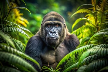 Obraz premium Majestic Western Lowland Gorilla in Lush Green Forest - Powerful Primate Wildlife Photography