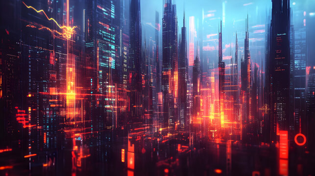 skyline with glowing financial graphs and data overlays representing modern business growth 