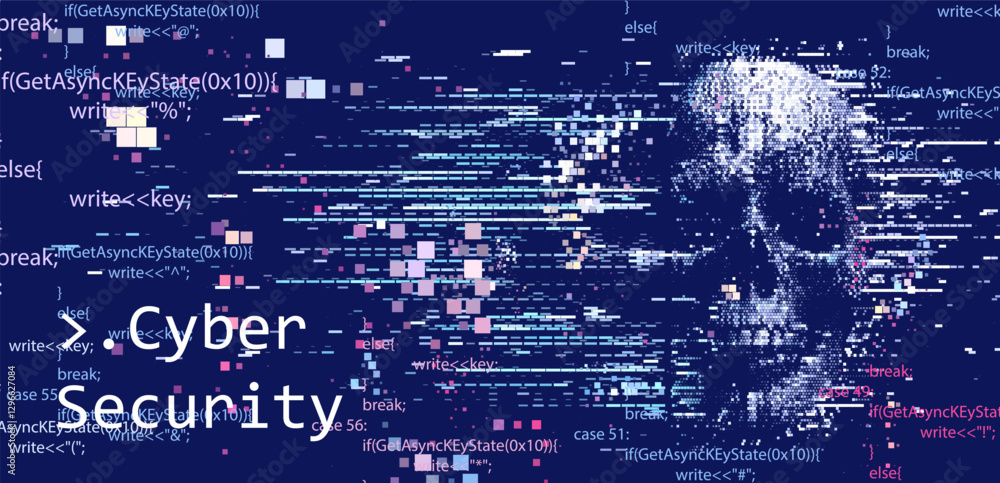 Poster pixelated skull made of code fragments symbolizes cyber threats. the text 