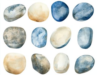 Fototapeta premium Artistic Watercolor Illustration of Colorful Smooth Pebbles and Stones
