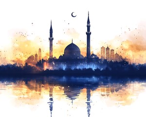 Fototapeta premium Mosque Silhouette Sunset Reflection