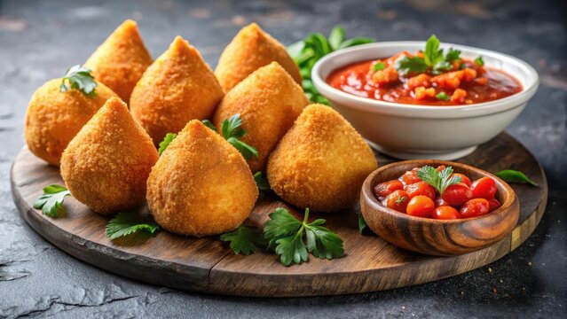 Crispy fried coxinhas de frango on grey background with a side of tangy salsa , street food