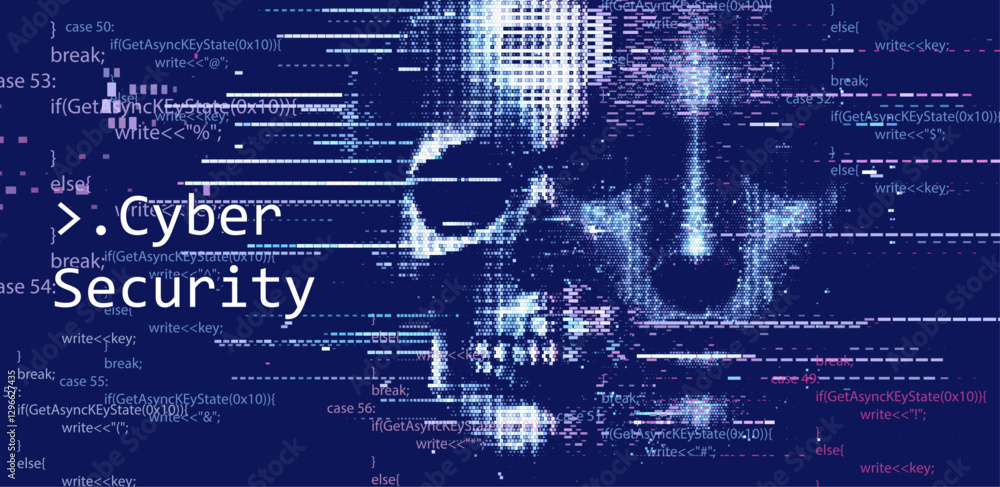 Poster pixelated skull made of code fragments symbolizes cyber threats. the text 