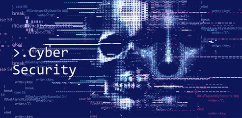 Pixelated skull made of code fragments symbolizes cyber threats. The text 