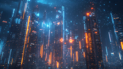 skyline with glowing financial graphs and data overlays representing modern business growth 