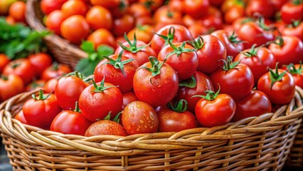 Fresh wet whole tomatoes arranged in a basket at a bustling market stall