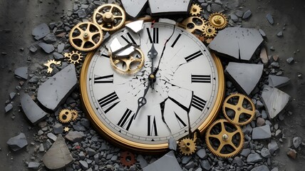A shattered clock face with golden gears scattered around.