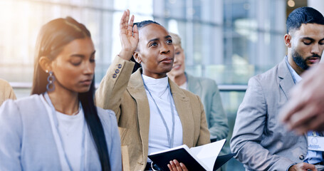 Seminar, woman and question with hand raised for presentation, conference and convention or...