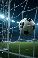 Soccer ball in the net, success goal concept on stadium light background