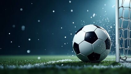Fototapeta premium Soccer ball in the net, success goal concept on stadium light background