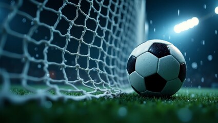 Naklejka premium Soccer ball in the net, success goal concept on stadium light background