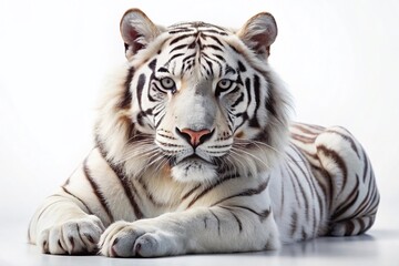 Majestic White Tiger Lying Down, Isolated on White Background - Stock Photo