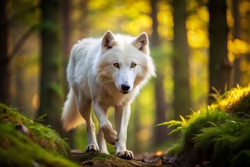 Obraz premium Majestic White Wolf in Forest - Close-Up Tilt-Shift Photography