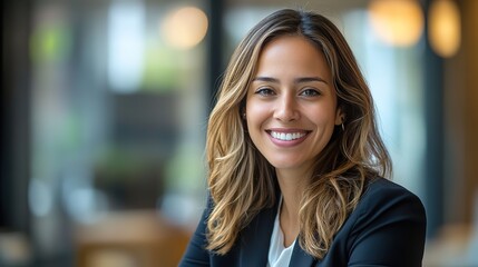 Smiling handsome Hispanic businesswoman with blurred background, hd image