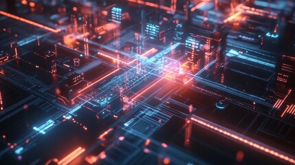 Obraz premium A futuristic digital circuit board with glowing pathways representing advanced computing.