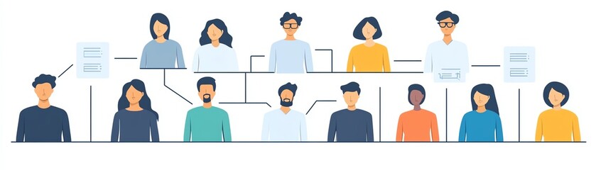 Fototapeta premium Vivid figures in organizational structure, hierarchical business departments, teams connected by lines, showing workflow, management, company structure visualization
