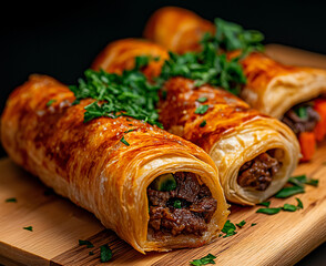 Savory beef pastries with herbs and vegetables, golden flaky crust, delicious filling, perfect for appetizers or snacks
