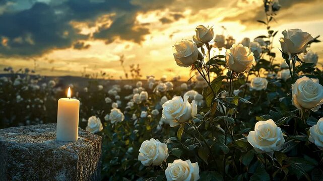 The camera pans around a memorial candle standing on a plaque next to flowers, symbolizing remembrance, tribute, and honor