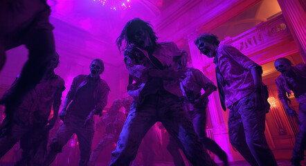 Group of dancers perform energetic movements in a vibrant, illuminated setting. They exhibit intense expressions while engaged in a thrilling dance, contributing to a lively atmosphere