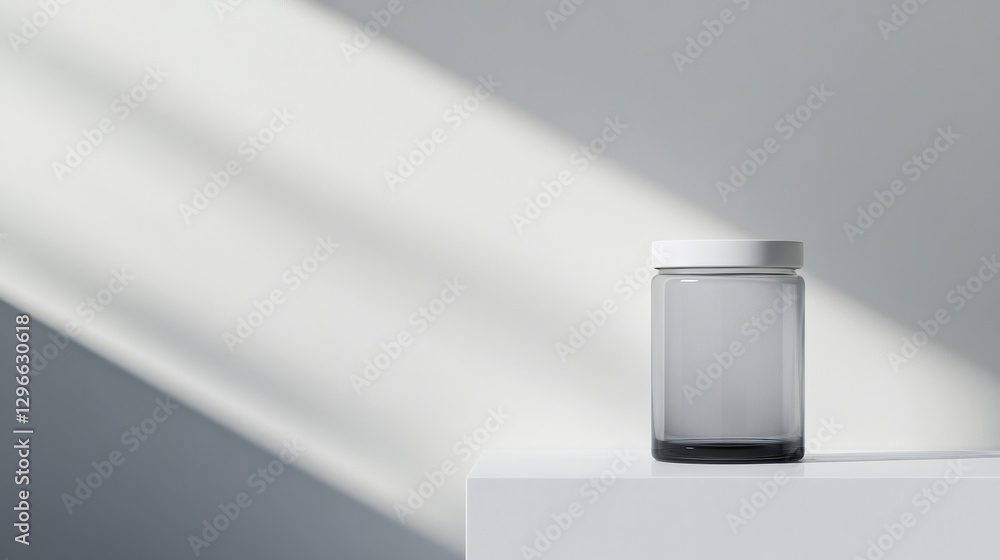 Poster transparent glass jar with matte white lid displayed on pristine white surface with soft shadows and