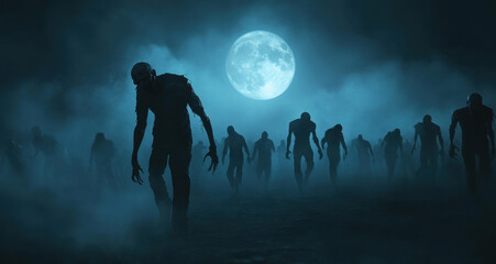 Fototapeta premium Shadows rise from swirling fog as ghostly figures walk towards the viewer, illuminated by the bright full moon overhead in a haunting nighttime landscape