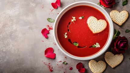 Romantic Red Soup with Heart Shaped Crackers and Roses