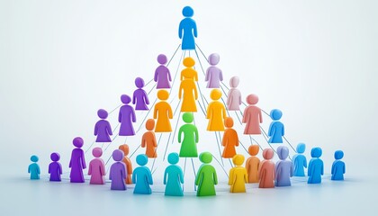 Colorful figures in a hierarchical structure, representing business departments, teams connected by lines, workflow illustration, company management and organizational design