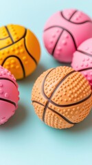 Colorful basketball-shaped toys on light blue background. Possible use Children's toy display