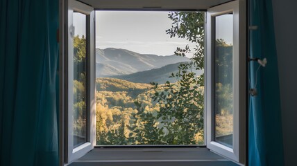 An open window with fresh air blowing in.