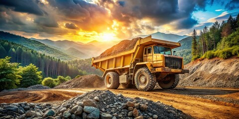 Massive Mining Dump Truck Hauling Ore in Quarry, Forest Background - Industrial Heavy Equipment Stock Photo