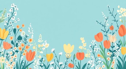 Colorful spring flowers border a blue background
