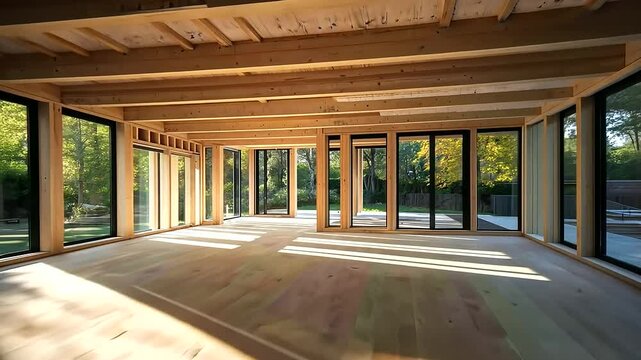 A sustainable home extension under construction, with raw wooden beams outlining the future space. Large window frames and an outdoor terrace are visible in the design.