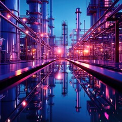 Fototapeta premium Futuristic Industrial Complex at Twilight Pink and Blue Neon Lights Reflect in Still Water
